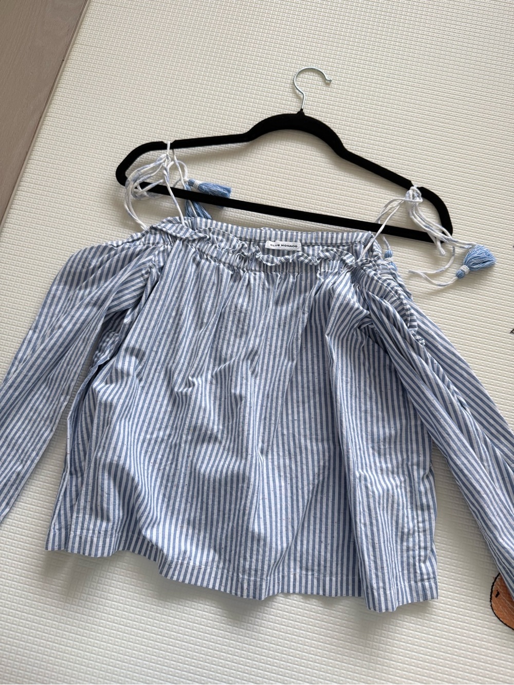 Club Monaco Blue and White Stripe Off-Shoulder Crop Top